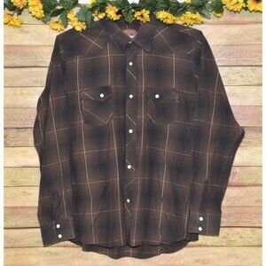 Rafter C Boy's XXL Brown Plaid Western Shirt White Pearl Snap Long Sleeve Cowboy